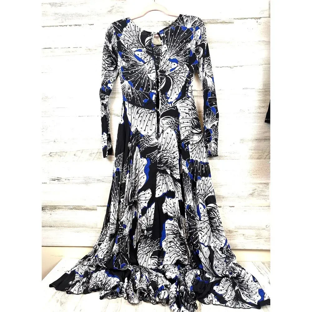 Free People XS Blue White Floral Maxi Dress Boho Romantic Festival